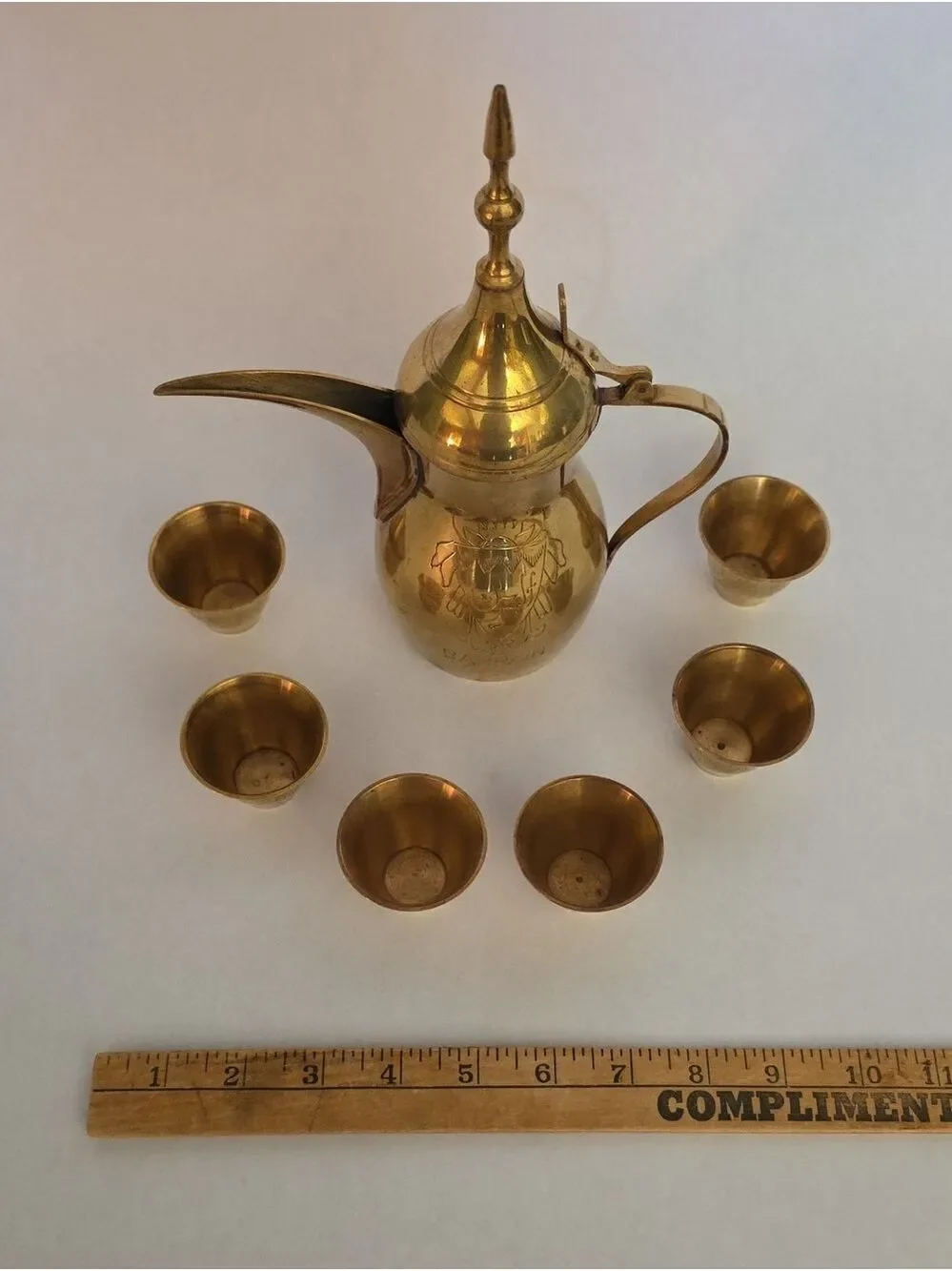 Vintage Brass Bahraini Brass Dallah Set with (6) Cups - MCM Arabic Coffee Pot
